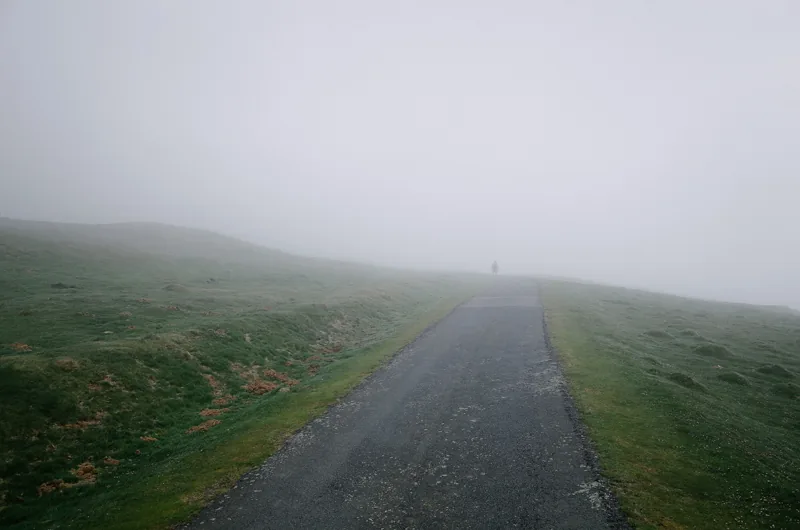 Una carretera estrecha se pierde en la niebla entre lomas cubiertas de pasto.