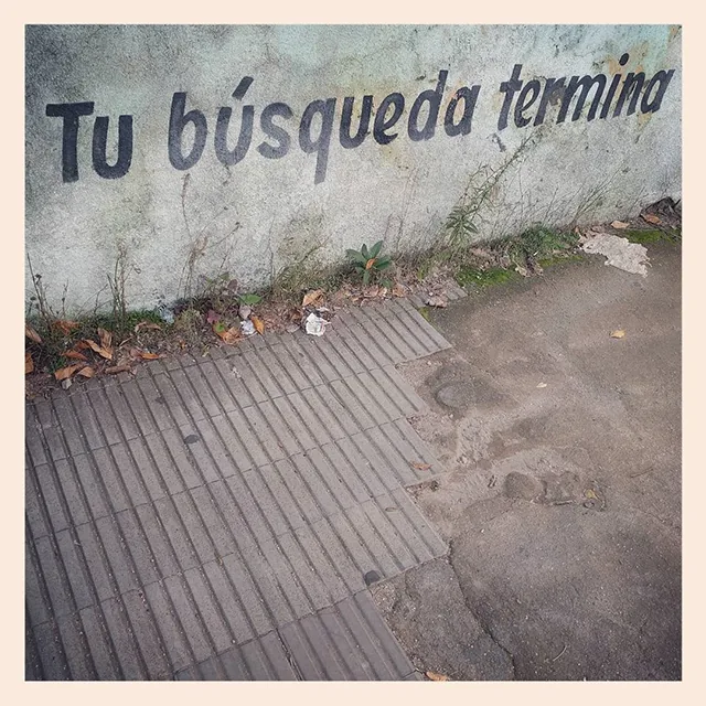 La frase “Tu búsqueda terminó” pintada en una pared, junto a un tramo de baldosas táctiles que se interrumpe.
